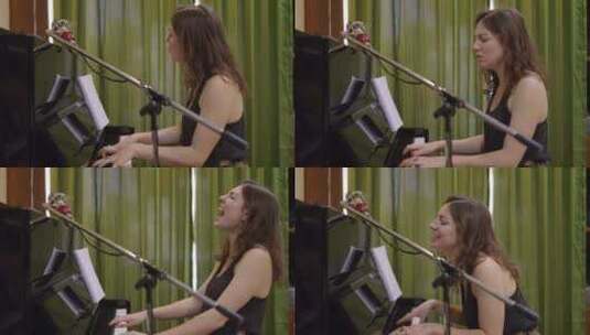华丽的年轻女子用激情和微笑弹钢琴唱歌高清在线视频素材下载