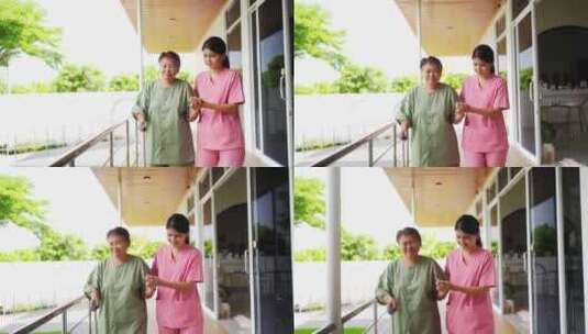看护人在疗养院里拿着棍子的老妇人高清在线视频素材下载