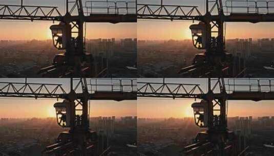 天津清晨塔吊日出航拍高清在线视频素材下载