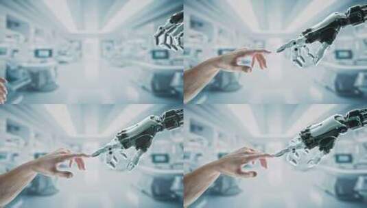 4K-一只手触碰人工智能机器人 的手指高清在线视频素材下载