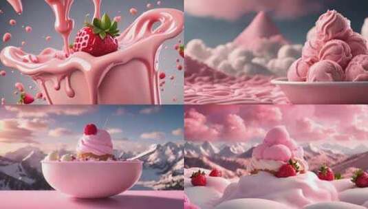 草莓冰淇淋  圣代冰淇淋  草莓奶昔高清在线视频素材下载