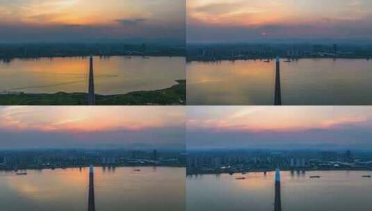 城市跨江高铁大桥日落高铁穿梭航拍延时高清在线视频素材下载