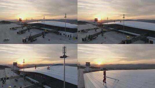 夕阳下建设中丽水机场航拍高清在线视频素材下载