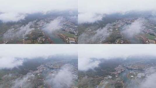 高空云层下的安徽皖南乡村景色高清在线视频素材下载