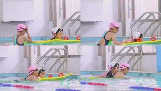 两个在泳池中玩耍玩水的中国女孩高清在线视频素材下载