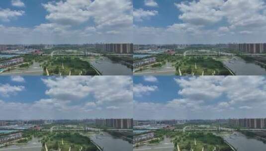 蓝天白云绿色生态城市桥梁河流交通高清在线视频素材下载