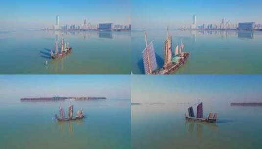 太湖帆船渔船城市天际线高清在线视频素材下载