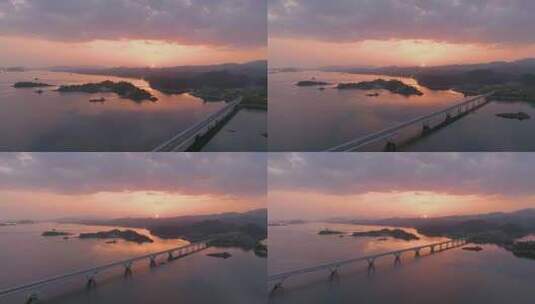 4k航拍浙江杭州千岛湖大桥日落高清在线视频素材下载