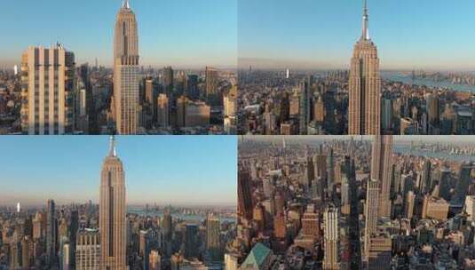 4K城市航拍纽约帝国大厦哈德逊河摩天大楼高清在线视频素材下载