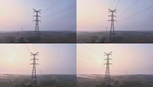 夕阳下高压电线传输电塔高清在线视频素材下载