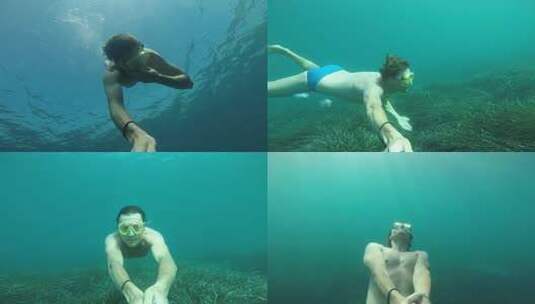 男子水下潜水游泳特写高清在线视频素材下载