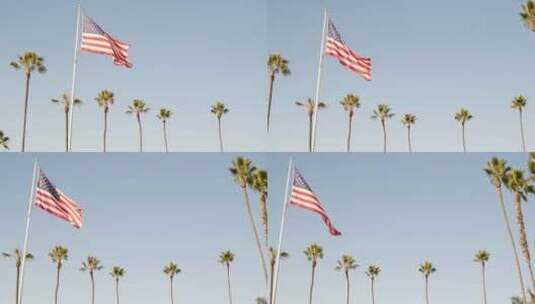 美国加州洛杉矶棕榈和美国国旗高清在线视频素材下载