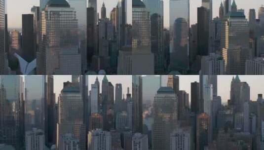 城市航拍纽约曼哈顿炮台公园摩天大楼日出高清在线视频素材下载