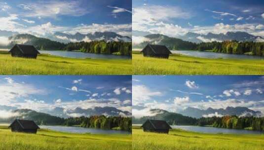 延时雾漂浮在德国巴伐利亚阿尔卑斯山的格罗德湖上高清在线视频素材下载