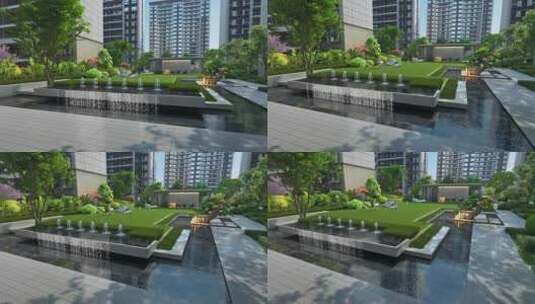 小区新中式园林水景三维动画高清在线视频素材下载