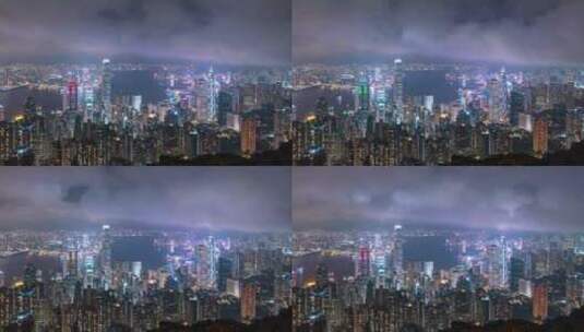 夜晚香港城市上空云层流动延时摄影高清在线视频素材下载