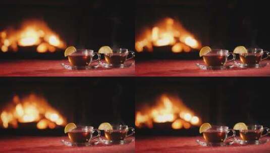 壁炉旁边桌上的柠檬红茶高清在线视频素材下载