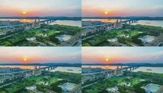 南京长江大桥航拍日落延时摄影高清在线视频素材下载