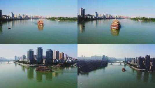 重庆合川三江汇大景游船航拍高清在线视频素材下载