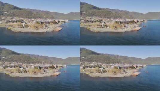 泸沽湖小镇湖边清澈湖面高清在线视频素材下载