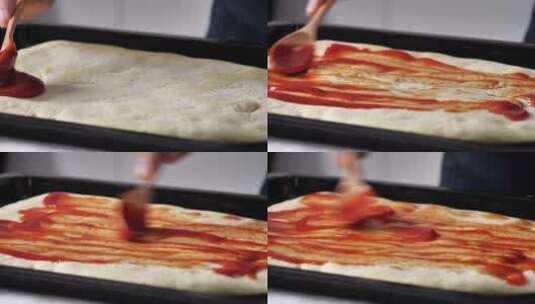 披萨制作涂酱料高清在线视频素材下载
