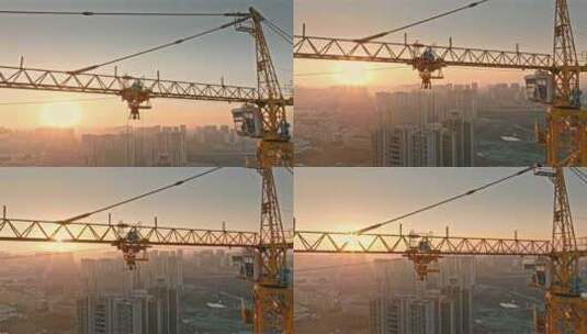 清晨塔吊上的工人与日出高清在线视频素材下载