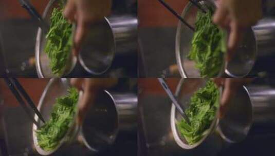使用金属过滤器和钳子过滤水的绿色蔬菜，拍高清在线视频素材下载