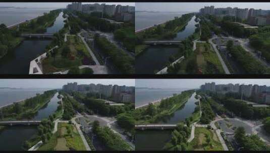 航拍 杭州 周末的江畔休闲娱乐区高清在线视频素材下载