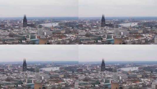 科隆市中心的鸟瞰图，以其著名的大教堂和莱高清在线视频素材下载