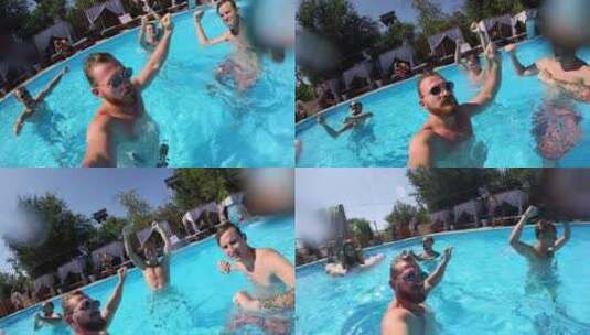 生活方式博客男子在游泳池里用动作相机自拍高清在线视频素材下载