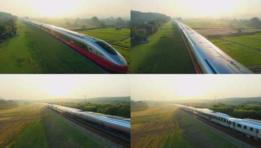 日出高铁动车中国和谐号复兴号唯美航拍高清在线视频素材下载