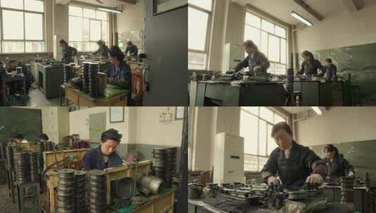 工厂女性工人操作机械九零年代工业制造高清在线视频素材下载