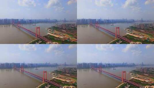武汉鹦鹉洲长江大桥车流两岸城市天际线航拍高清在线视频素材下载