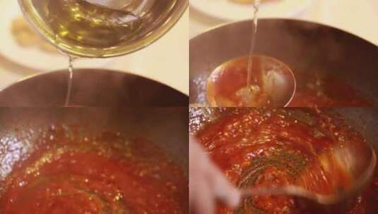 平底锅番茄酱炒制糖醋番茄底料高清在线视频素材下载