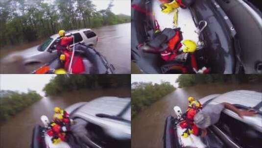 搜救队营救洪水中被困车里的男子高清在线视频素材下载