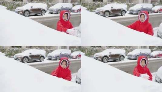 冬天清理汽车上积雪的中国女孩形象高清在线视频素材下载