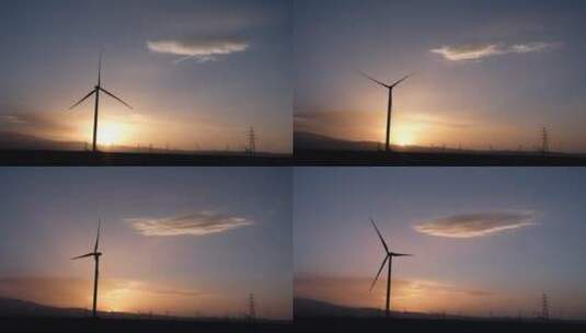 延时拍摄日落时分的风力发电车高清在线视频素材下载