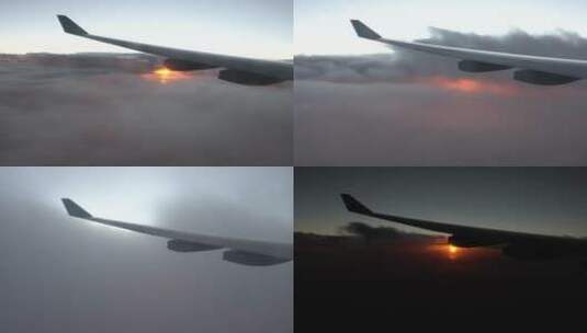 飞机机翼舷窗云层高空云海夕阳飞行高清在线视频素材下载