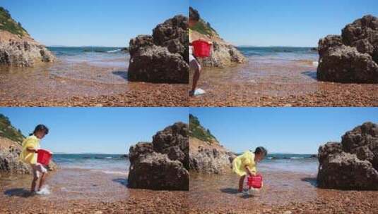 大连棒棰岛海滩海浪沙滩人物赶海孩子水桶高清在线视频素材下载