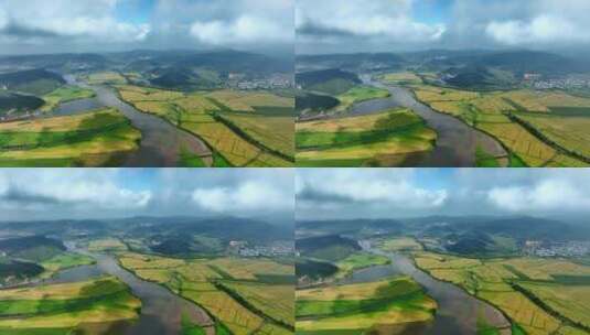 航拍云层下河流两岸稻田5高清在线视频素材下载