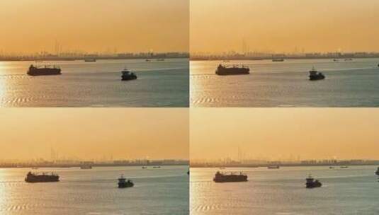 4K 上海横沙岛 船 江面 远航 航拍视频高清在线视频素材下载