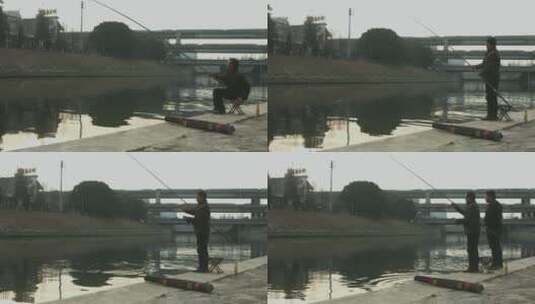 男子在城市河里钓鱼高清在线视频素材下载
