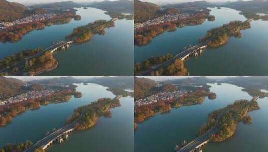 杭州湘湖跨湖路四亭桥秋色航拍高清在线视频素材下载