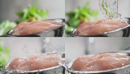 水洗鸡胸肉的慢镜头特写高清在线视频素材下载