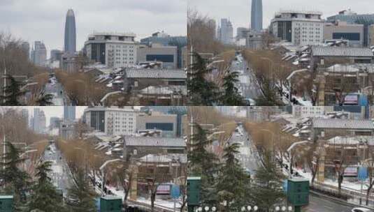 地标济南绿地中心，雪后马路拍摄高清在线视频素材下载