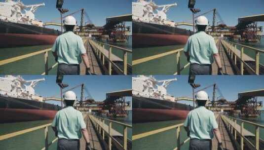M1工作人员登上港口船只高清在线视频素材下载