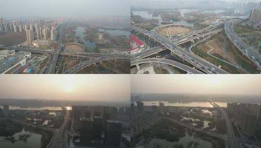 湖南长沙市湘府路高架桥湘江大桥航拍合集高清在线视频素材下载