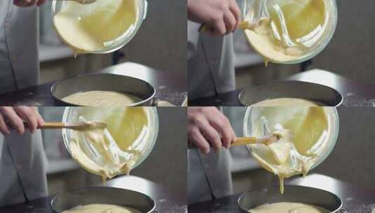 厨师搅拌碗中取出液体蛋糕家庭烘焙烘焙原料高清在线视频素材下载