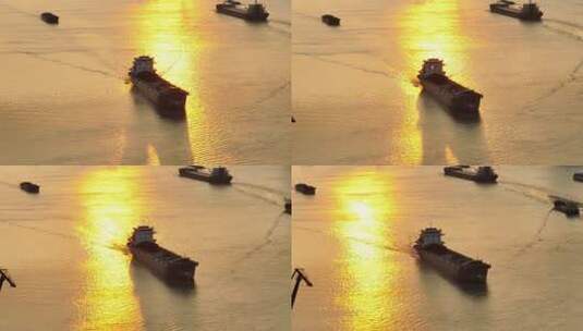 夕阳下湖面上船舶航行高清在线视频素材下载
