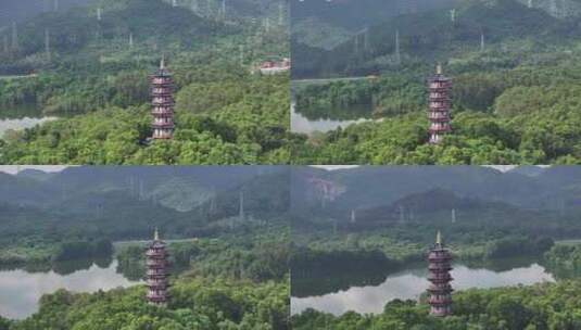 航拍深圳坪山泰和塔，大山陂水库，古塔山水高清在线视频素材下载